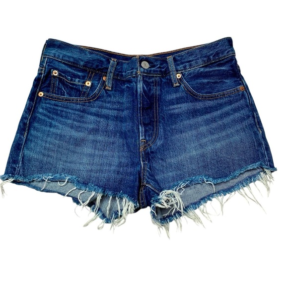 Levi’s 501 Cutoff Jean Shorts Blue Denim High Rise Frayed Hem Size 28 - Picture 1 of 10